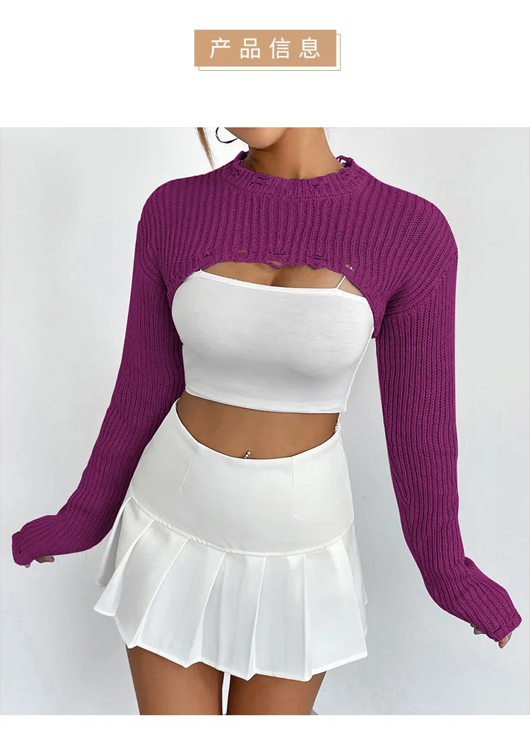 

Cross border Instagram European and American pullover knitted top for women with niche design sense, ultra short style, sexy hal