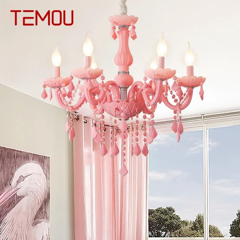 

TEMOU Pink Crystal Pendent Lamp Art Girls' Room Candle Lamp Children's Room Living Room Restaurant Bedroom Chandelier