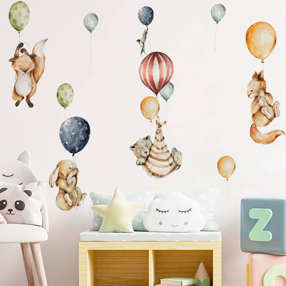 

Woodland Animals Rabbit Fox Balloon Watercolor Wall Stickers for Kids Room Baby Nursery Room Wall Decals Boy Room Stickers