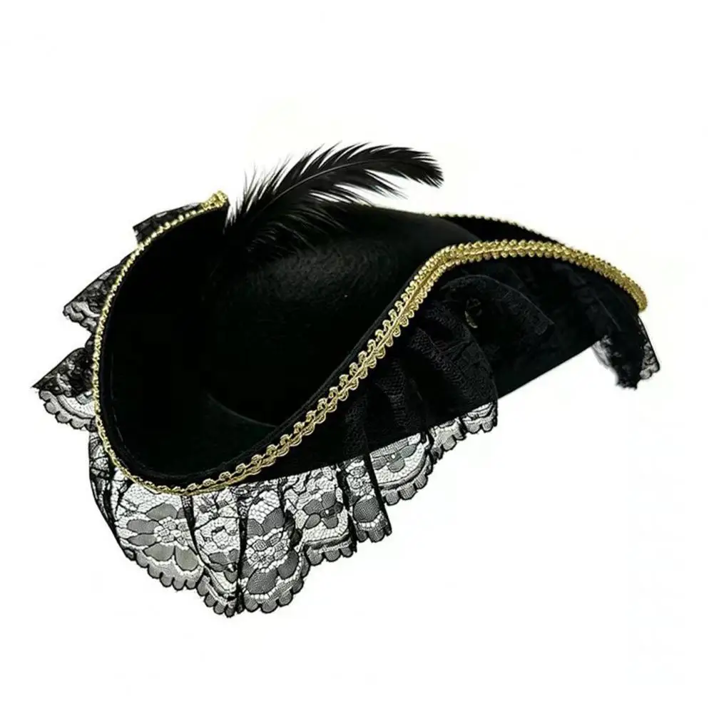 Halloween Pirate Hat, Captain Costume Accessory, with Burgundy Lace And Feathered Decor, Lightweight Vintage Style Buccaneer Cap
