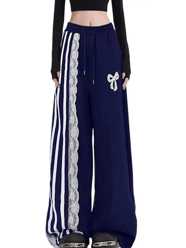 

Sweet Cool Lace Trim Blue Striped Sports Casual Pants Women Early Autumn Spicy High Waist Loose Straight Leg Floor-Length Pants