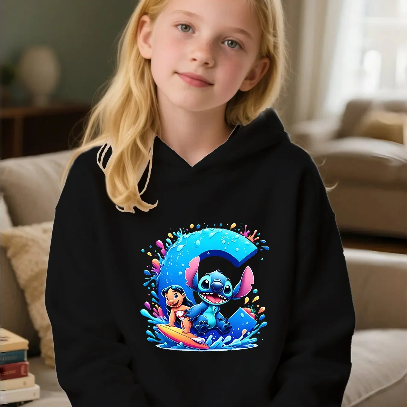 سويت شيرت ديزني ليلو وستيتش الأبجدية بغطاء للرأس ABC لحفلات أعياد الميلاد للأولاد والبنات للخريف والشتاء، بلوفر للحفلات للفتيات #3