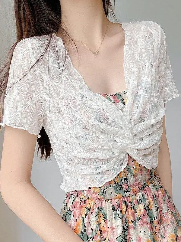 French Style V-Neck Sun Protection Short Sleeve  Shawl Women Summer Elegance Lace Top Strap Dress Outer Mesh Cover up
