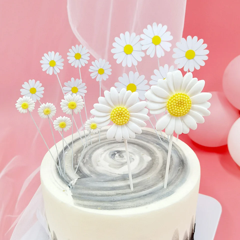 Juego de decoración de resina para pastel de margaritas, adornos de flores de papel de varios tamaños para fiesta de cumpleaños de niña, decoración