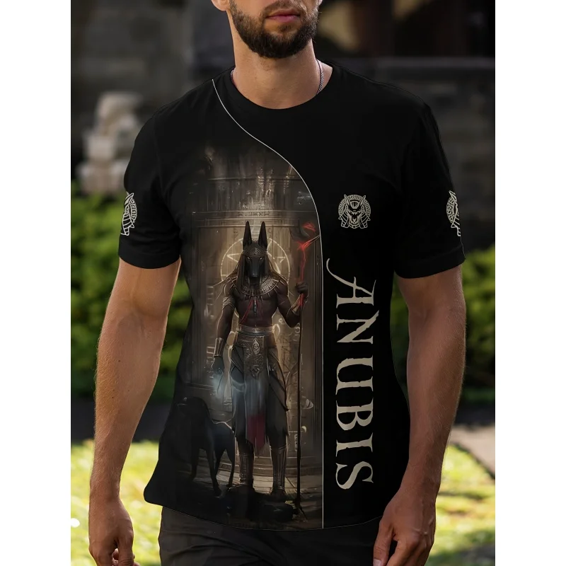 

3D printed men's T-shirt with Pharaoh Anubis pattern, summer casual T-shirt, round neck top, loose short sleeved shirt