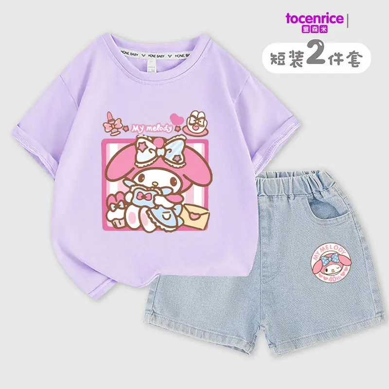 Sanrios Kids My Melody Children's Short-Sleeved Shorts Two-Piece Set Girl Cotton T-Shirt Denim Shorts Summer Casual Kids Clothes