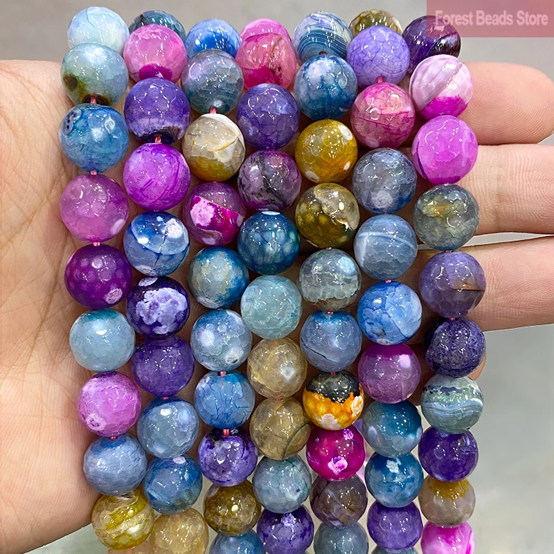 12mm Natural Blue Rose Pink Dream Fire Dragon Veins Agates Round Loose Beads Diy Bracelet Necklace for Jewelry Making 15'' inch