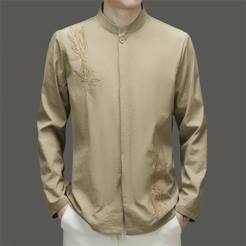 

Covered Button Tang Costume Shirts For Men Long Sleeve Sunscreen Summer Quality Embroidery Breathable Handsome Camisas De Hombre