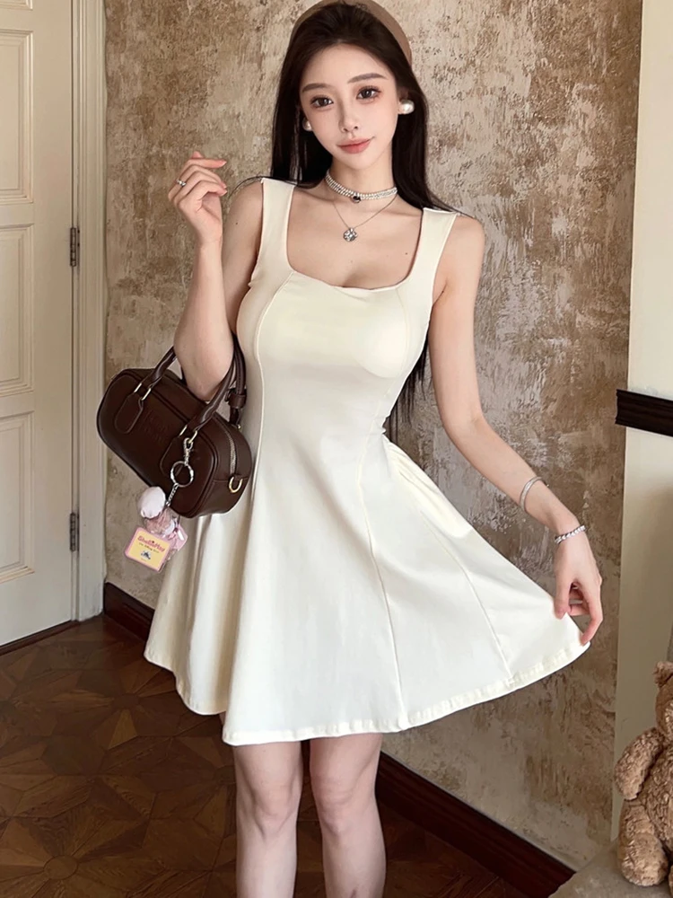2025 Red Pleated Bodycon Square Collar Sling Sexy Mini Dress Summer Elegant Chic A-Line Dress Women Korean Festival Party Dress