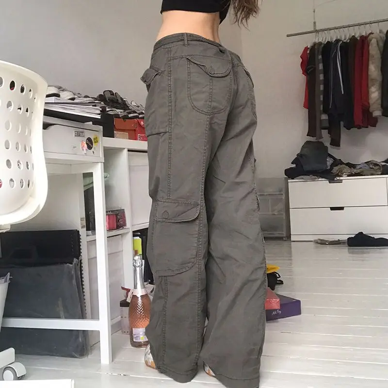 

Onalippa American Style Unisex Cool Multi Pocket Jeans High-end Gray Street Spicy Girl Personality Exposed Navel Work Pants