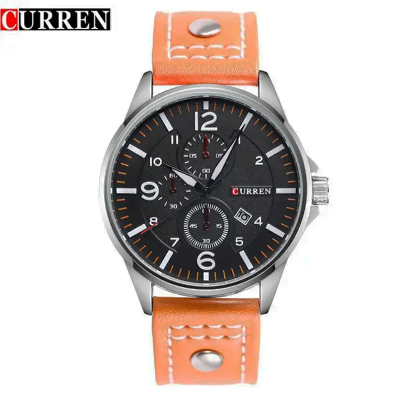 CURREN 8164 Factory Watch Men Brown Calendar Sport Military Male Clock Top Brand Luxury Origianl PU Leather Band Wristwatch