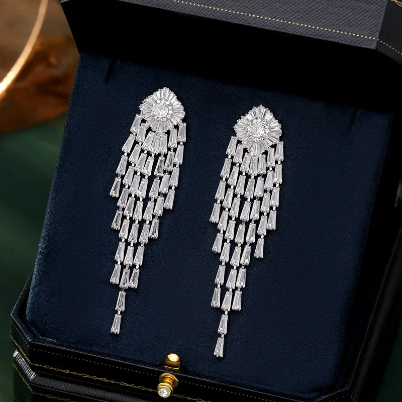 Long Tassel Earring Simulated Zircon Drop Earrings For Women Gift Bijoux Bling Girl Party Jewelry Golden Silver Color Pendent