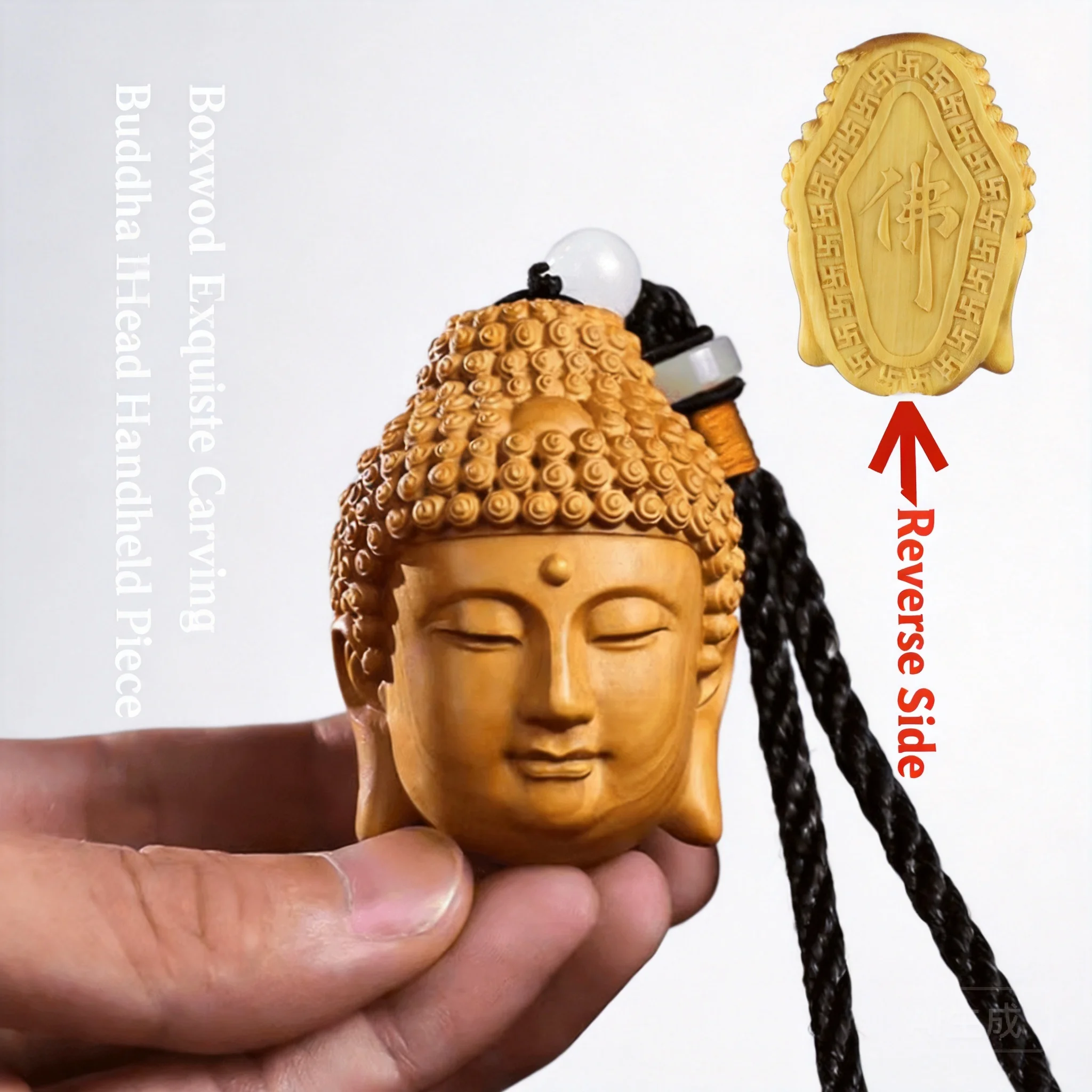 

Chinese Style Hand Carved Mini Boxwood Sakyamuni Buddha Head Pendant Lucky Blessing Charm Luck Peace Wealth Car Bag Hanging Gift
