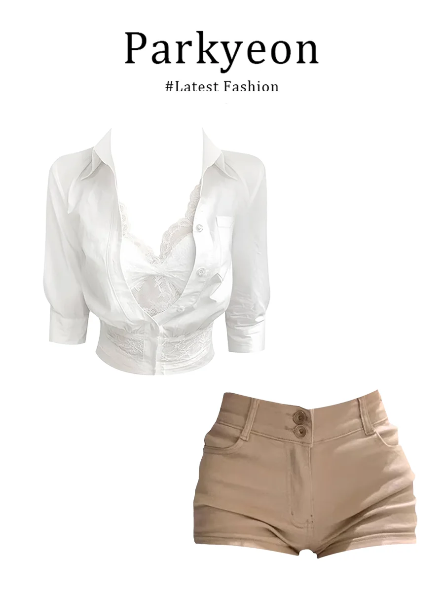 

Parkyeon Pure Desire Lace Trim Waist Slim Fit Shirt And Khaki Shorts Summer Set Women's Fashion Casual Wear Quick Dry Polyest...