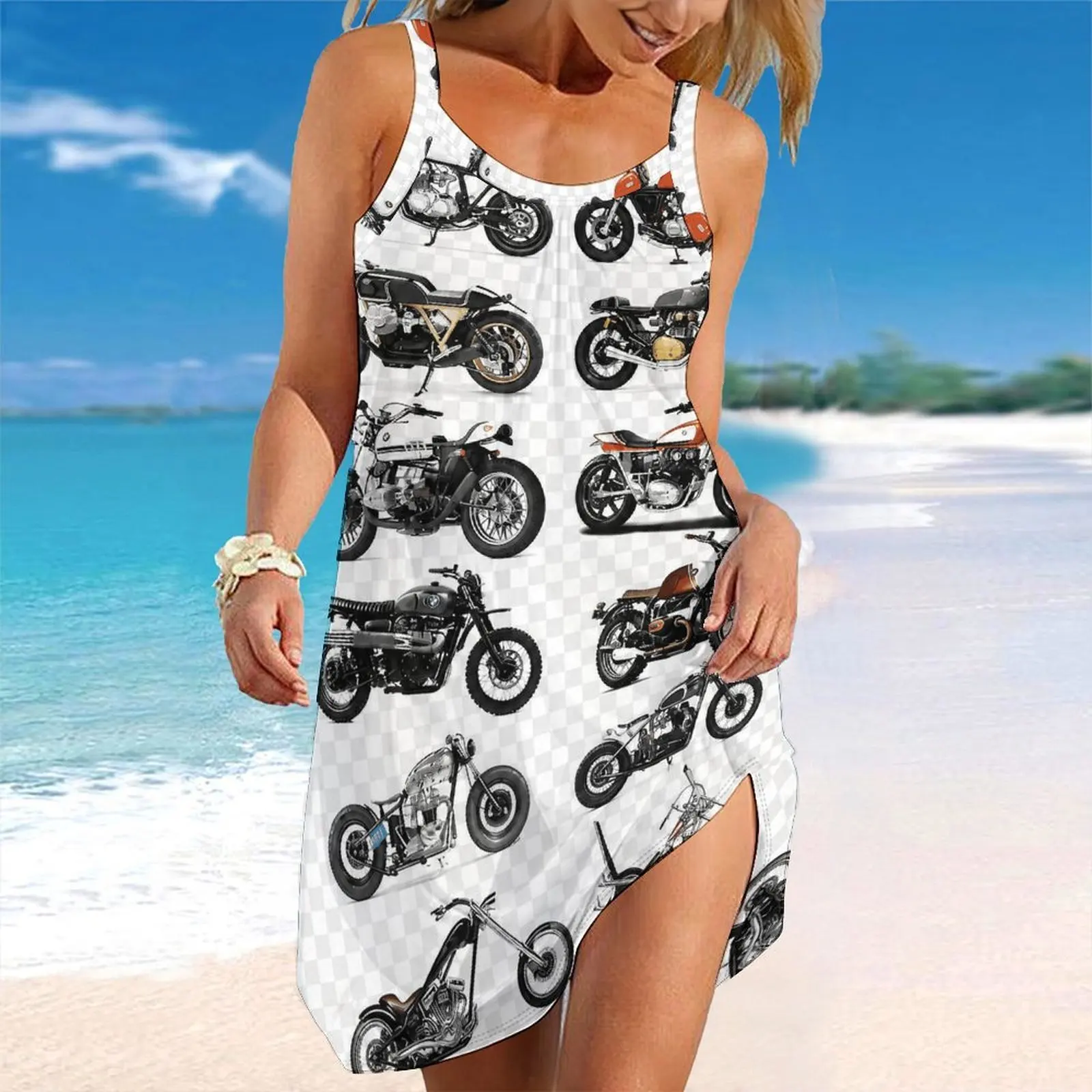 Women Spaghetti Strap Beach Dress V Neck Pleated Loose Mini Dress Custom Print Ladies Vacation Cover Up Dress