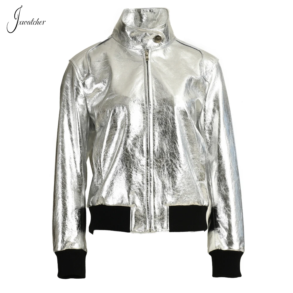 

Jxwatcher Women's Real Leather Jacket Suit 2023 New Ladies Sheepskin Coat Fashion Gold Silver Genuine Leather Coats Full Sleeves