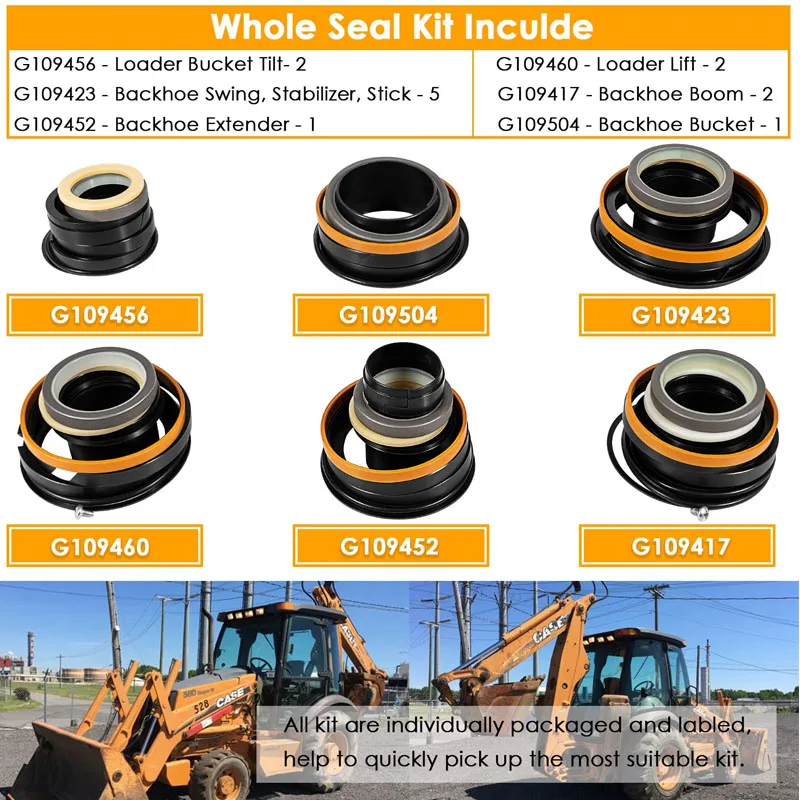 Whole Machine Hydraulic Cylinder Seal Kit for Case 580E, 580SE/ 580 Super E, 580SD/ 580 - G109456& G109417,G109504 & G109452 Etc