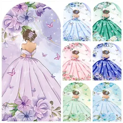 Mehofond Quinceanera Flower Dress 2025 Girl Birthday Party Wedding Birthday Arched Backdrop Purple Butterfly Decor Background