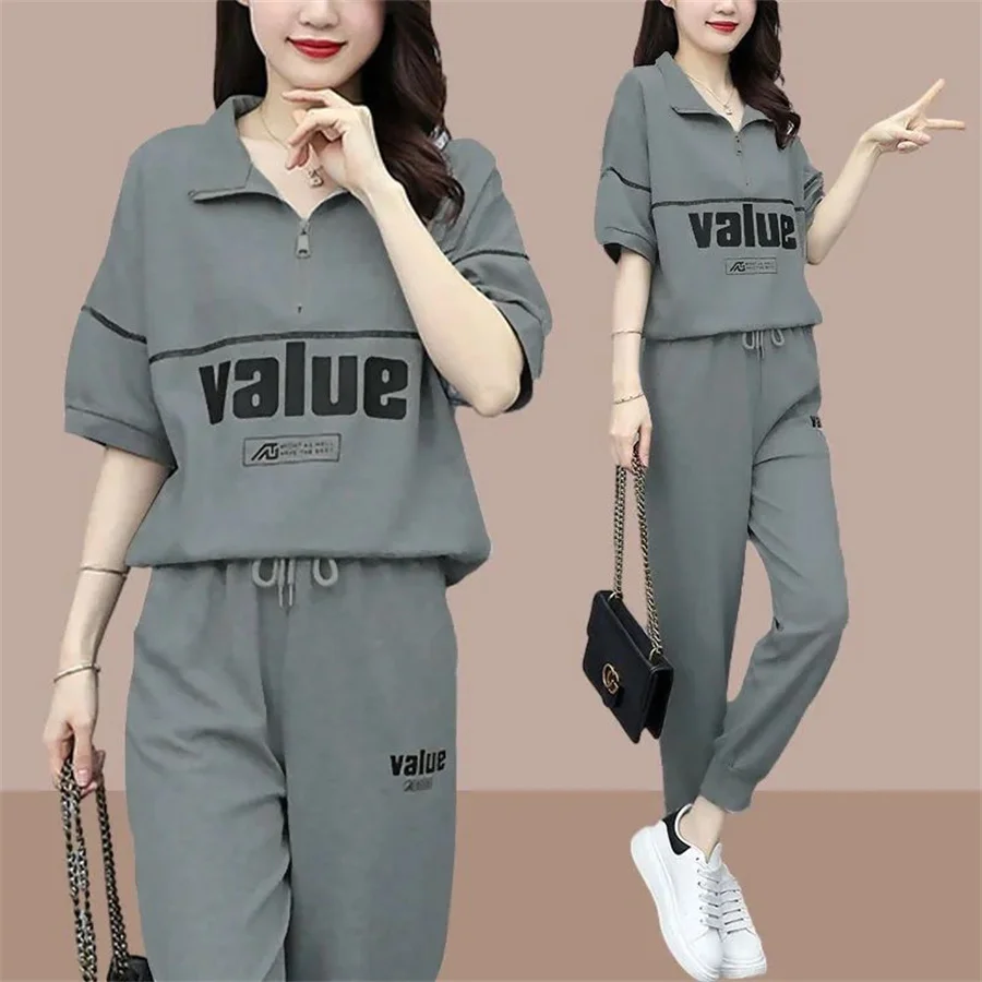 Fashion Summer Women Sets Casual Female Sportswear Suit Printed Short Sleeve Tshirts+ Pants Two-piece Set S-4XL