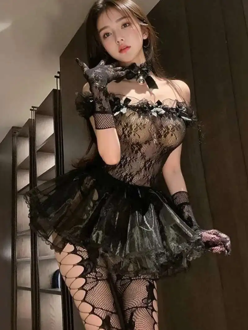 New Sexy 2025 Slash Neck Off Shoulder Lace Bow Mesh Sheer Short Sleeve Dress Women Cinching Waist Slim A-line Short Dress TVVV