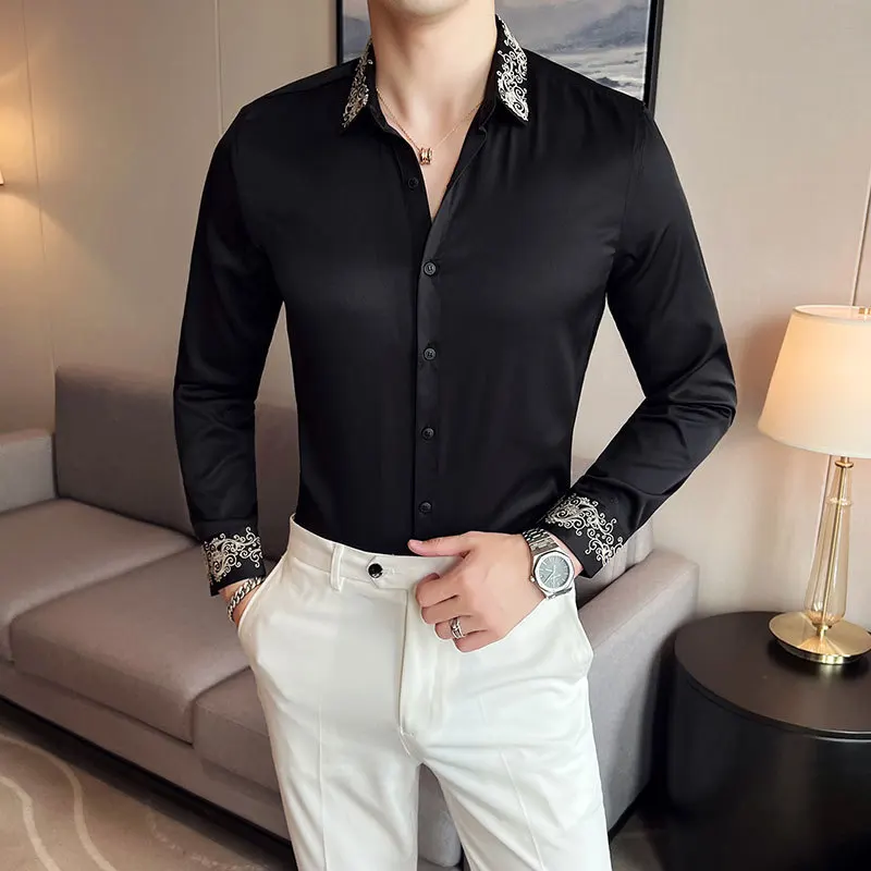 

Y2K Mens Vintage Long Sleeve Black Shirt New Fashion Hawaiian Slim Fit Embroidery Shirts Casual Cargo Shirts Men Chemise Homme