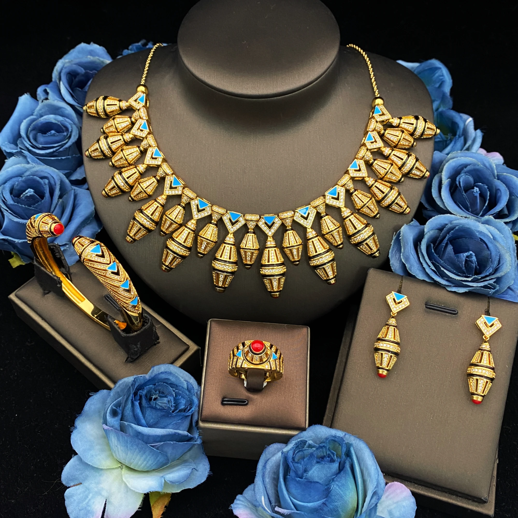 

JRH Премиум 4 шт. позолоченный комплект ювелирных изделий с цирконами, высококачественная отделка, кусочки в Дубае и Африке для вечеринки