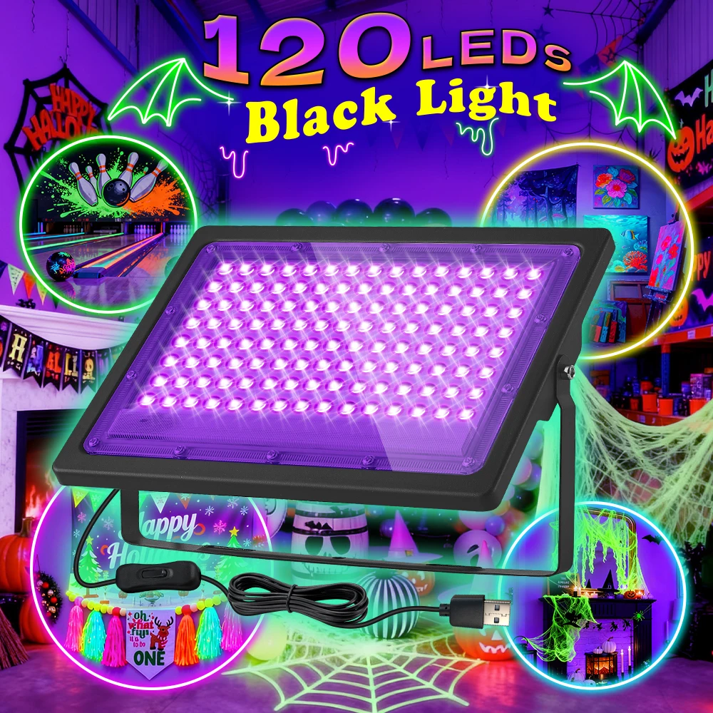 

120 LED Black Light Flood Light, USB Powered, Purple Glow for Party, Stage, Decor & Fluorescent Paint Lighting