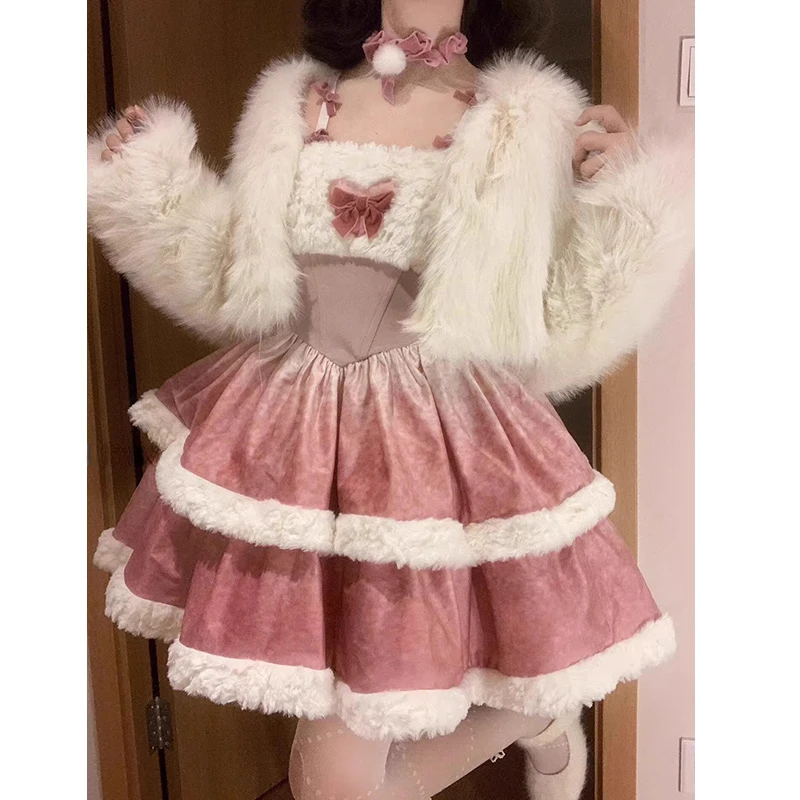 Pink Elegant Retro Two Piece Set Women Sweet Plush Coat Kawaii Bow Mini Dress Suit Female Korean Fashion Lolita Party Skirt Sets