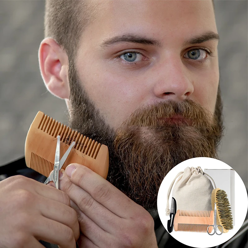 

Boar Bristle Wood Beard Brush Kits With Gift Bag Professional Soft Hairdresser Shaving Brush Comb Set Men Mustache Combs