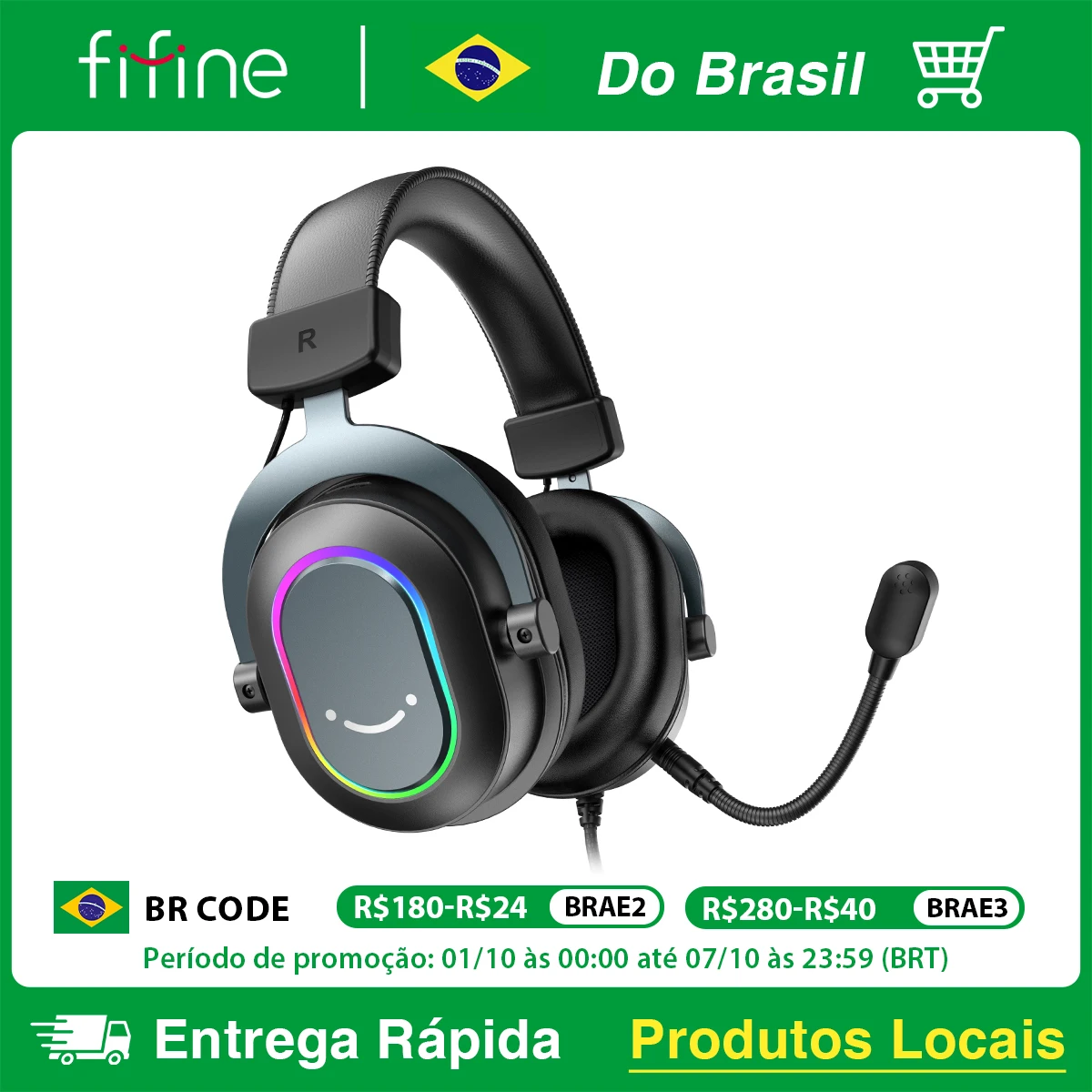Fone de ouvido para jogos USB FIFINE com som surround 7.1/controle de linha/modo 3EQ, fone de ouvido RGB com microfone, plug and play, para PC/PS5 -H6