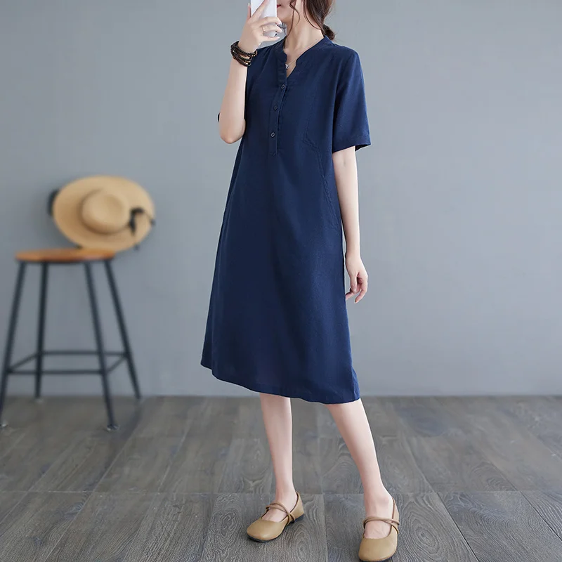 #6538 Summer Blue Pink Brown Vintage Dress V-neck Buttons Office A-line Dress Short Sleeve Cotton Linen Shirt Dress Pockets