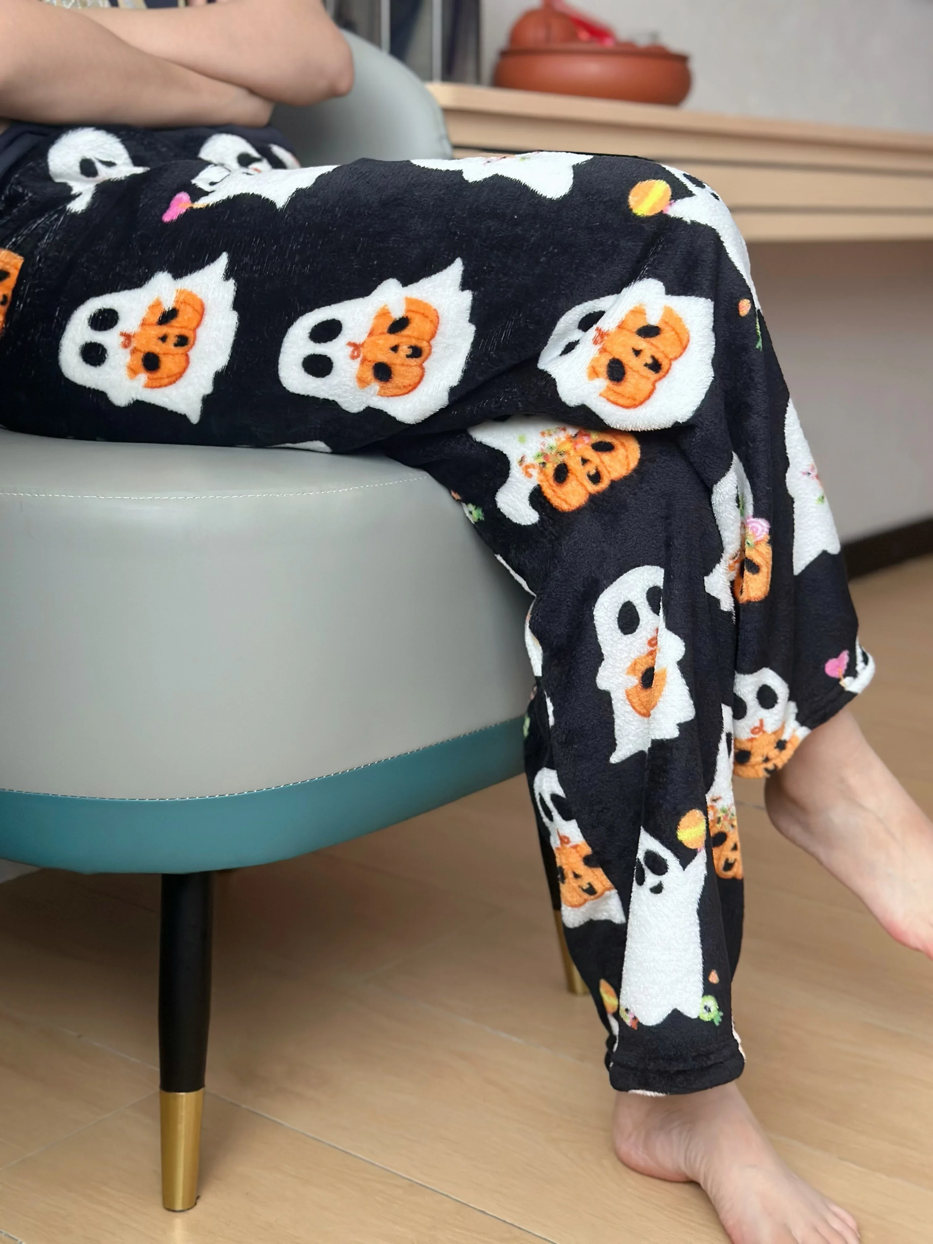 Halloween Loungewear Pants Cartoon Flannel Pajama Autumn Winter Casual Loose Trousers Ghost Pumpkin Halloween Gift