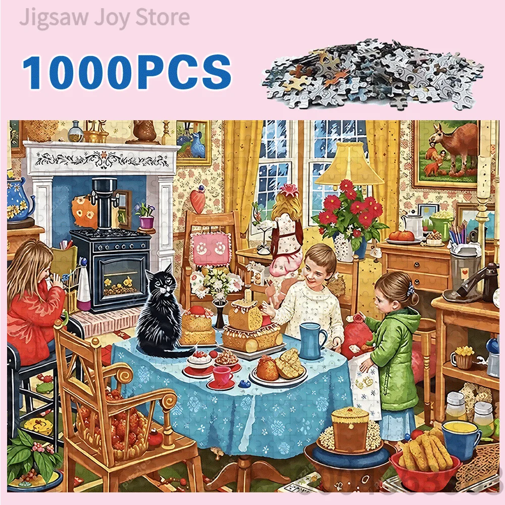 Vintage Kitchen Jigsaw Puzzle Cute Black Cat & Baking Scene Oil Painting Style Brain Teaser Game Relaxing Pastime