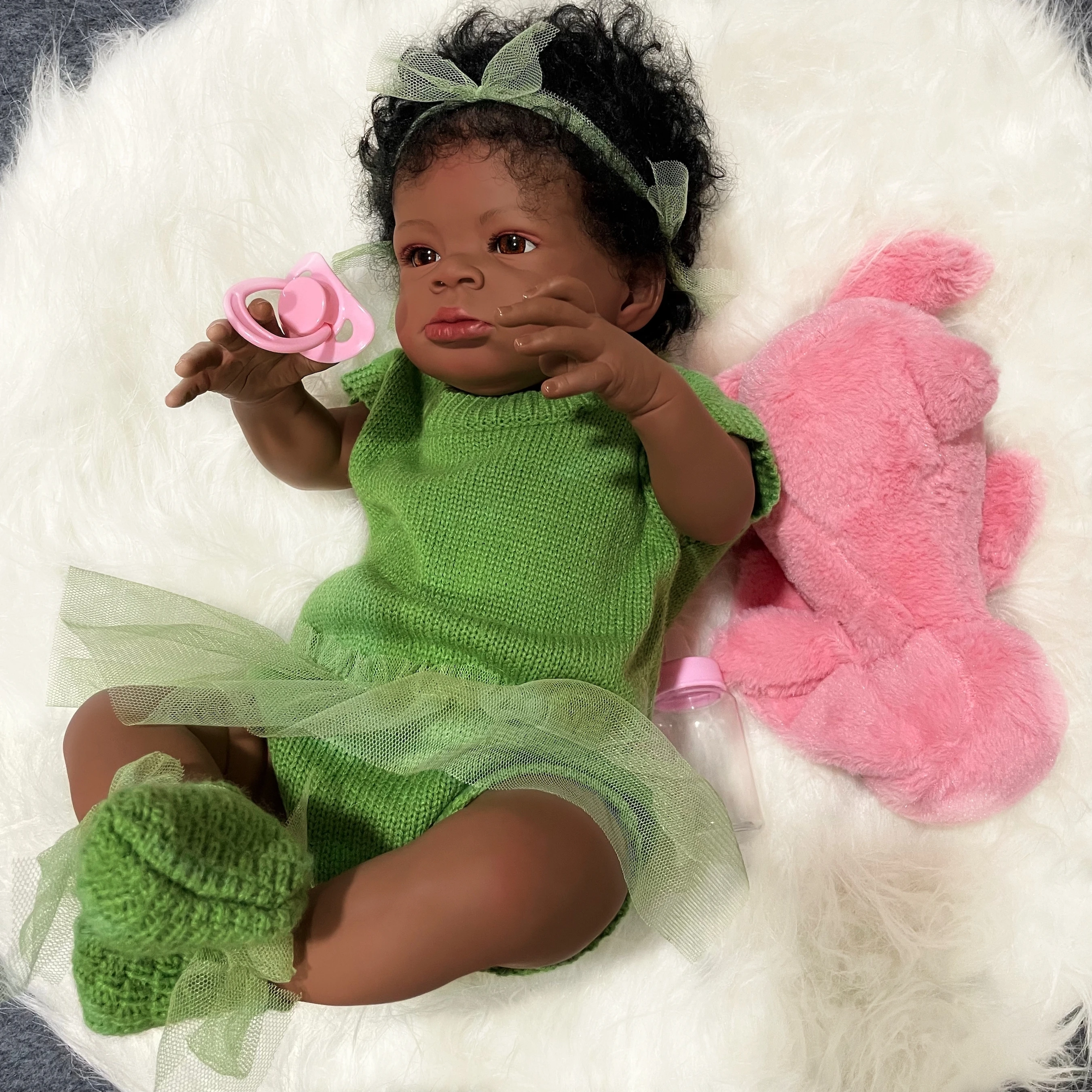 MRB 50CM Reborn Baby Doll Lanny African American Dark Skin Girl Cuddly Doll Lovely Black Girl Collectible Art Christmas Doll