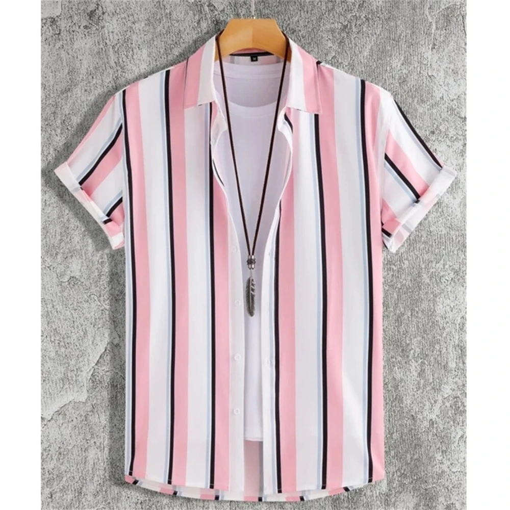 Hawaiian Shirt For Men 3d Stripe Printed Short Sleeved Tops Summer Quick Drying Clothing Simple Loose Oversized Men'S Shirts
