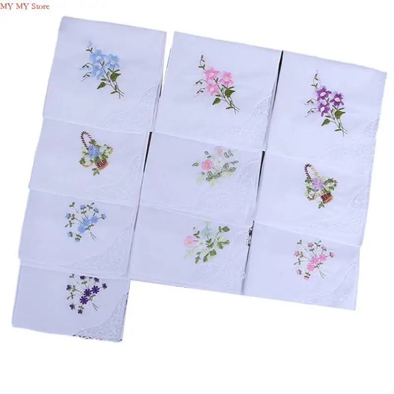 N1HE 10lots Embroidered Cotton Pocket Square Vintage Flower Cotton Handkerchief for Men and Women