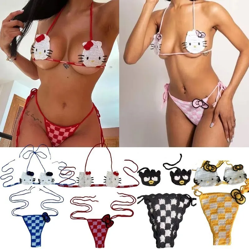 Miniso Hello Kitty Crochet Bikini Set Women Summer Sexy Bathing Suit 2024 Kitty Cat Y2k Swimsuit Thong 2piece Swimming Suits