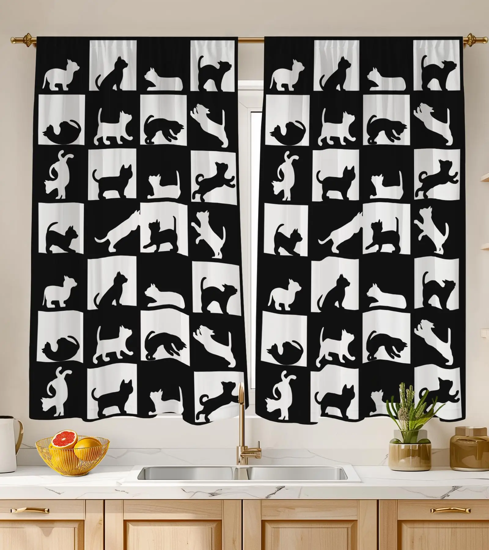 

Kitchen Curtains Over Sink for Bathroom Window Cafe Basement Farmhouse Short Mini Curtain Black and White Cat Cute Short Curtain