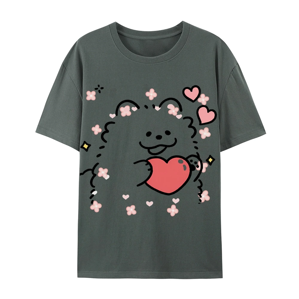 

Cute Fluffy Dog with Heart & Flowers Graphic T - Shirt, Sweet & Playful Vibe, Soft Fabric, Ideal for Casual Daily Looks