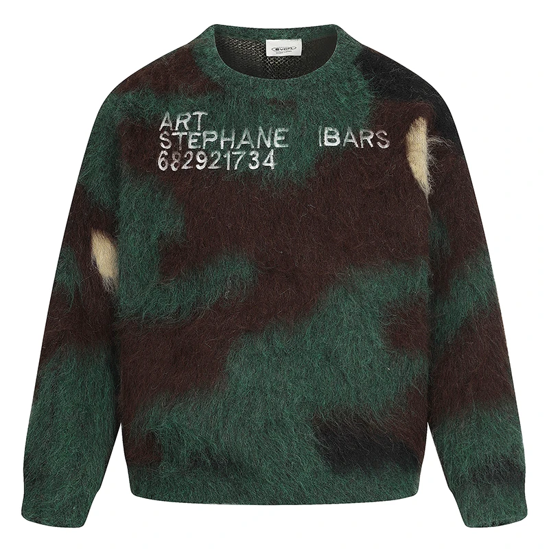 

Men's Fuzzy Mohair Sweater Camouflage Knit Pullover Vintage Warm Loose Fit Crewneck Soft Winter Jumper Streetwear Style Clothing
