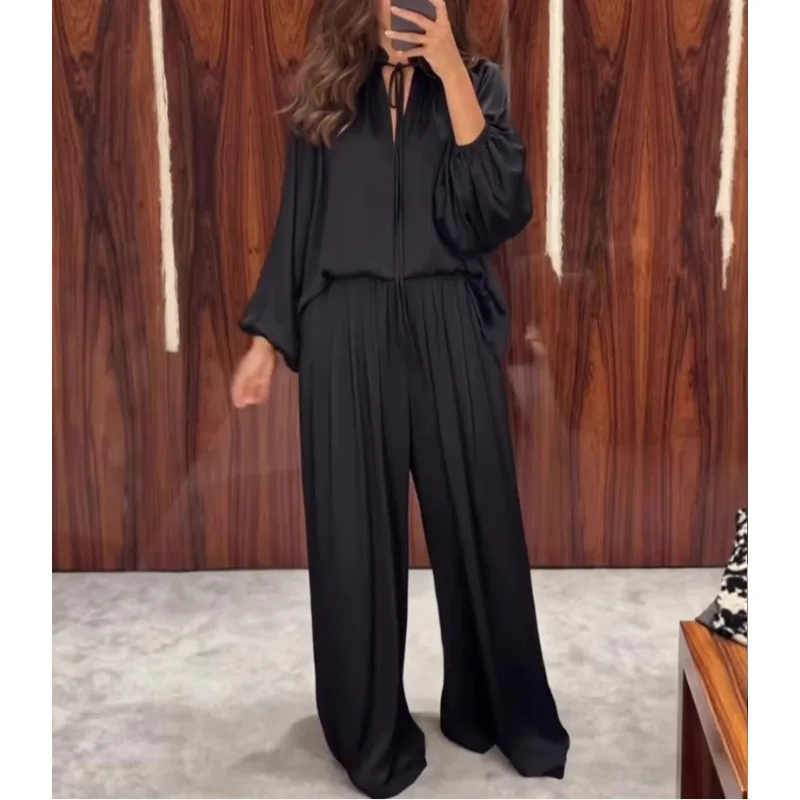 New Satin Two Pieces Set Women Lace Up V Neck Loose Blouses Fashion Wide Leg Pant Suit Elegant Lady Temperament Outfits