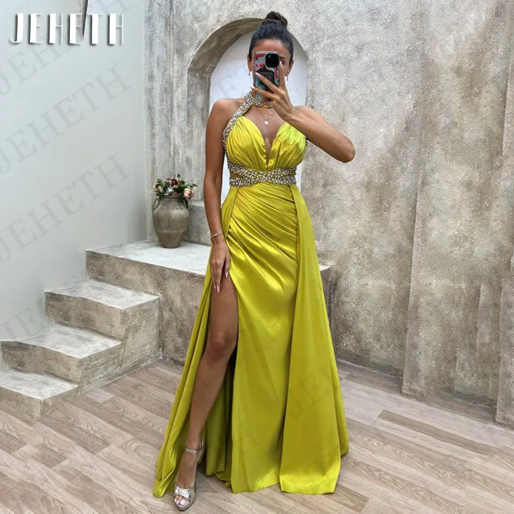 Jeheth Meerjungfrau Kristall Halfter Abendkleider Saudi-Arabien Satin High Split Satin abnehmbare Zug Abschluss ball Party kleid فساتين س카رة Mermaid