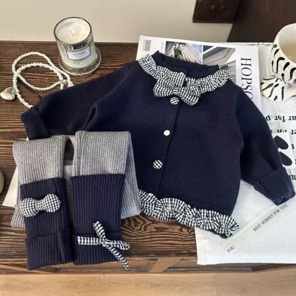 خريف جديد عصري الشارع نمط منقوشة الربط سترة بأكمام طويلة سترة + ربطة القوس فيونكة طماق قطعتين مجموعة للفتيات #1