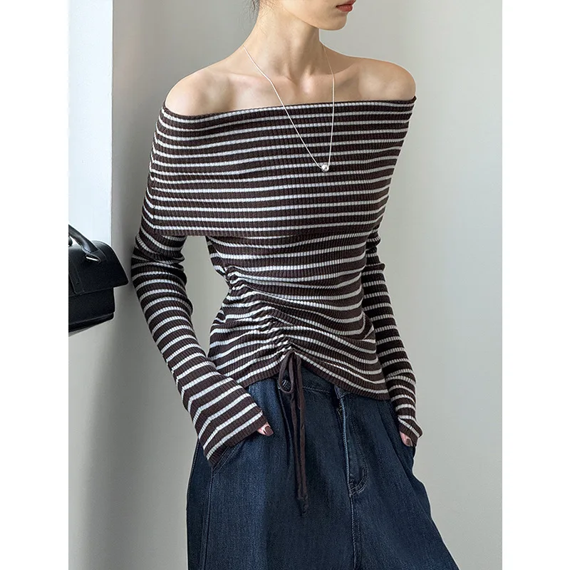 

Pre-autumn New Light Half-shoulder Striped Long-sleeved T-shirt Women's Autumn Slimming One-shoulder Top