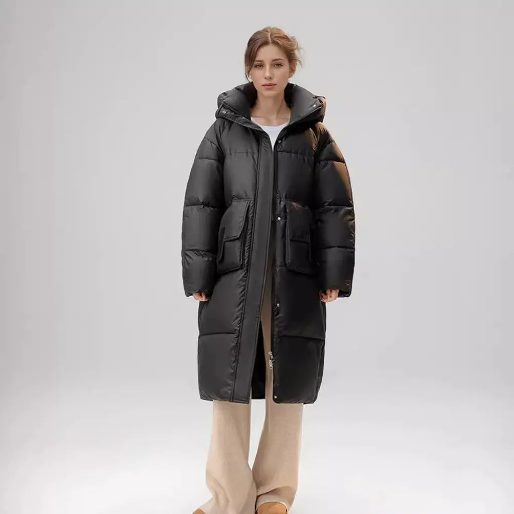 

Korean-Style Women's Long Hooded Coat Warm Cotton-Padded Outerwear Loose Fit Over-Knee Length Thickened Long-Sleeved