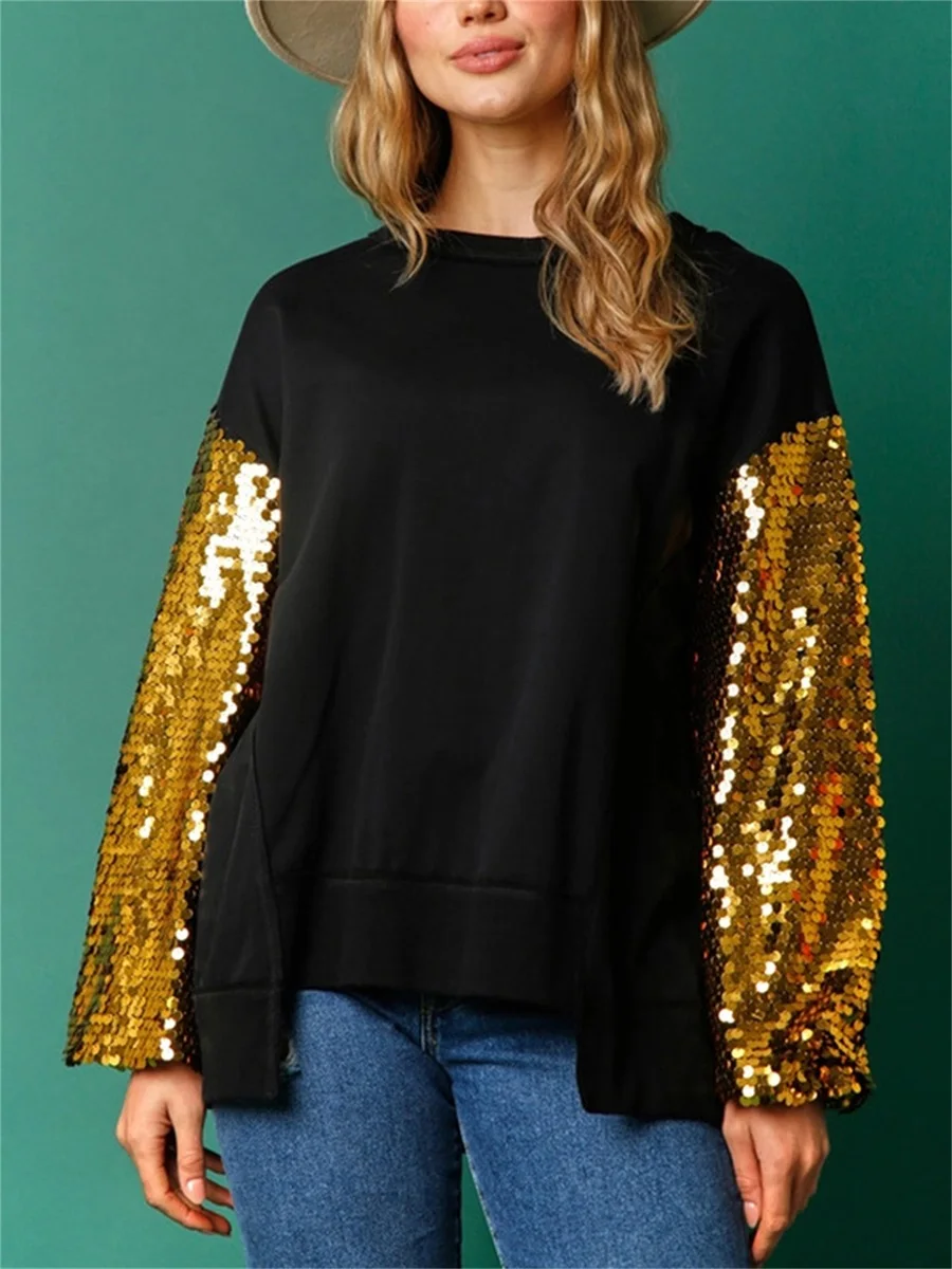 Women s Sequin Patchwork Sweatshirt Contrast Color Long Sleeve Round Neck Loose Casual Pullover Tops