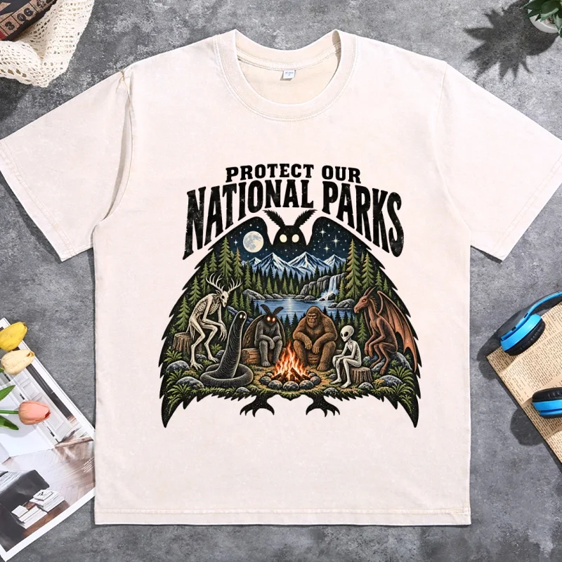 Vintage Cryptid Campfire Bigfoot Alien Graphic Tee Casual Nature Graphic T Shirt Cotton Short Sleeve Round Neck Printed Tees