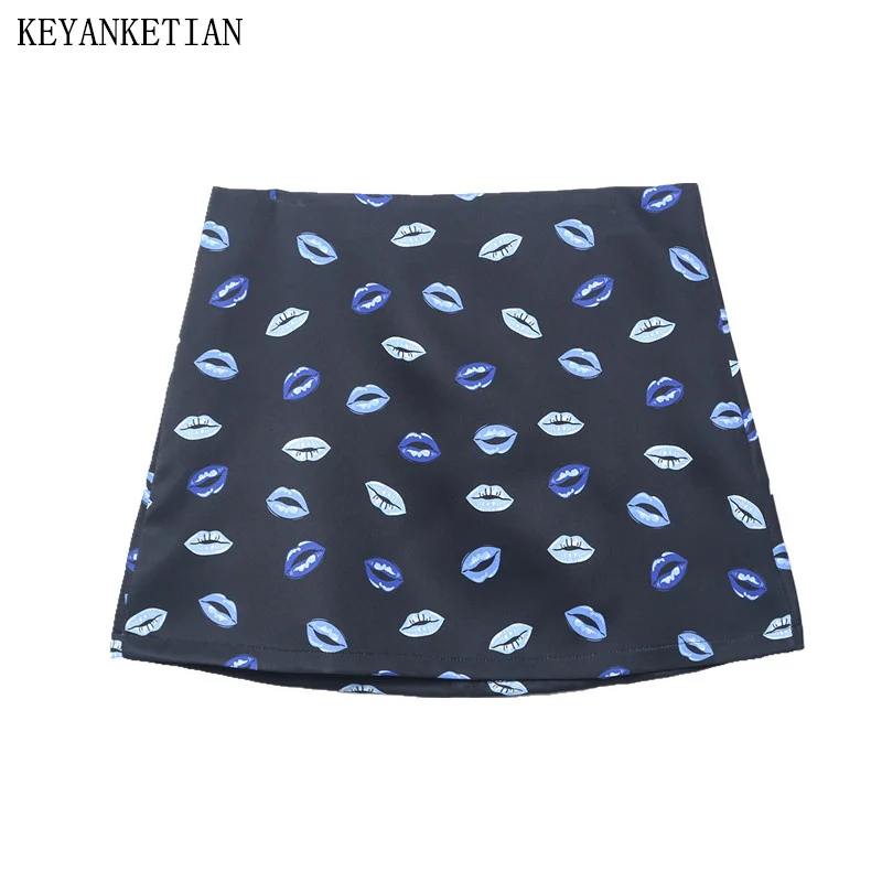 

KEYANKETIAN 2024 New Launch Women's Lip Print Mini Skirt Stylish Vintage Back Zipper Slim High-Waisted Short A-Line Skirt Female