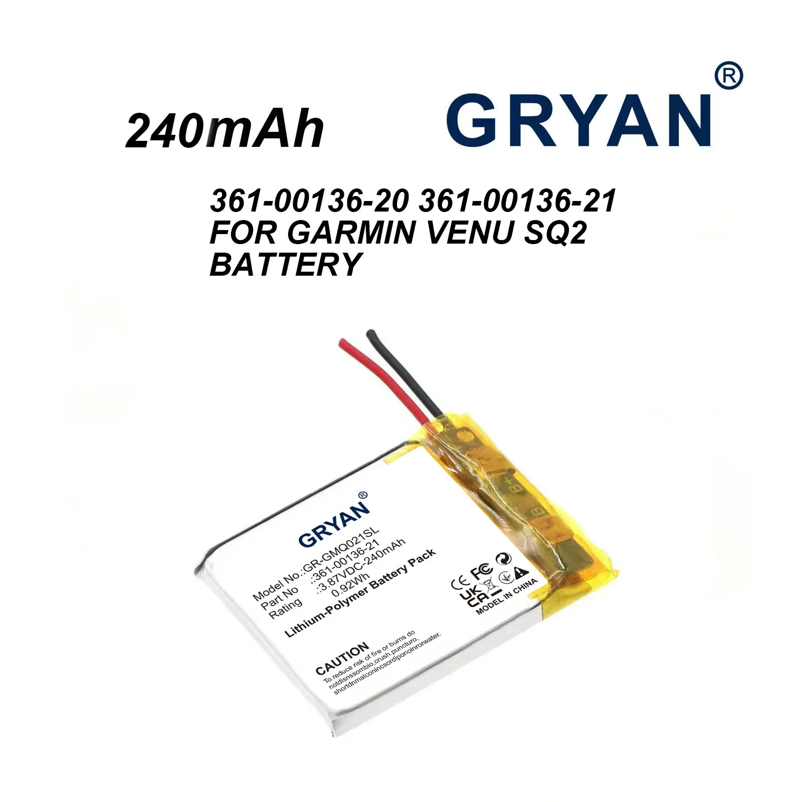 GRYAN  High Quality Replacement Battery For Garmin Venu SQ2 361-00136-20 361-00136-21 Rechargeable Batteries 240mAh