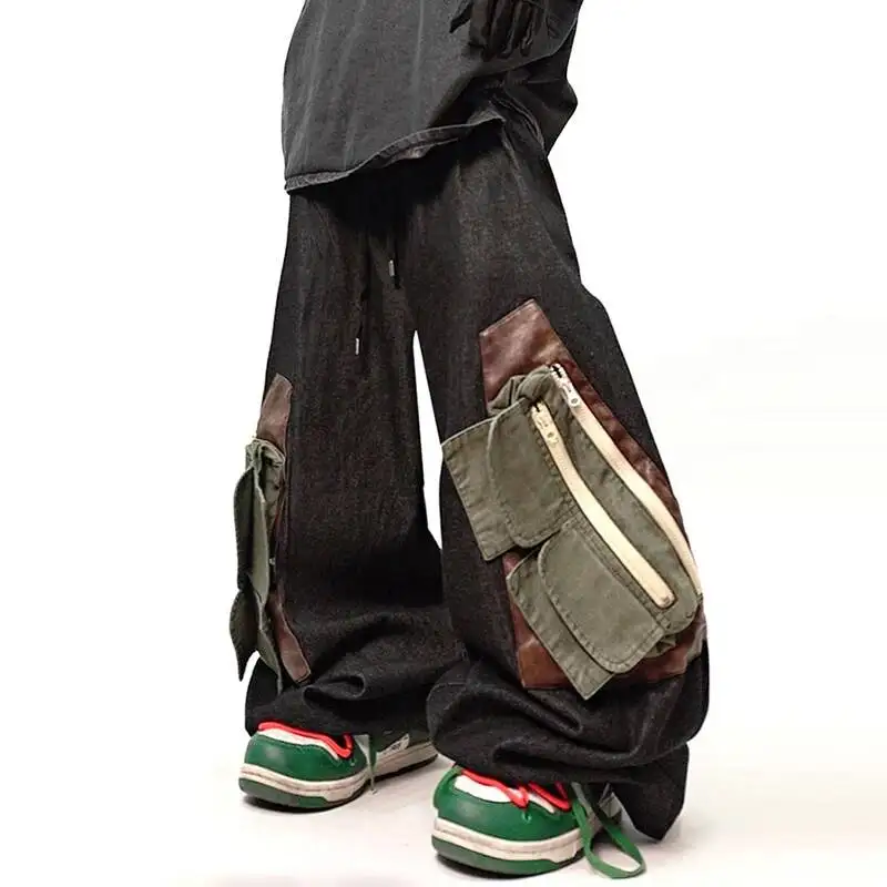 Men Cargo Jeans Multi Pocket Wide Leg Trousers Loose Streetwear Hip Hop Retro Fashion Bottoms 2026 Spring New ZSW3